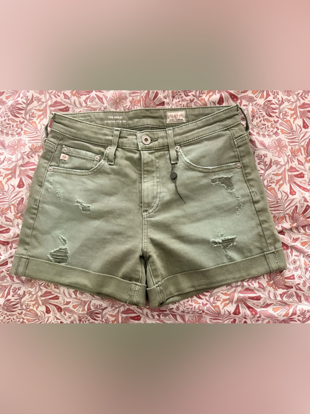 AG Adriano Goldschmied The Hailey Olive Green Rolled-Hem Denim Shorts 24 nwot